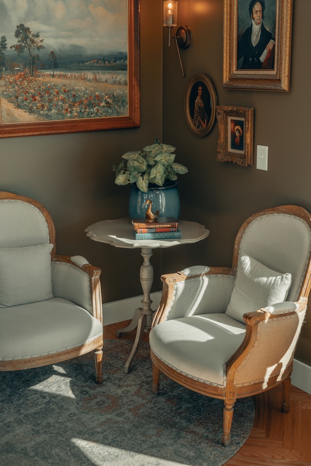 pair of chairs and a coffee table